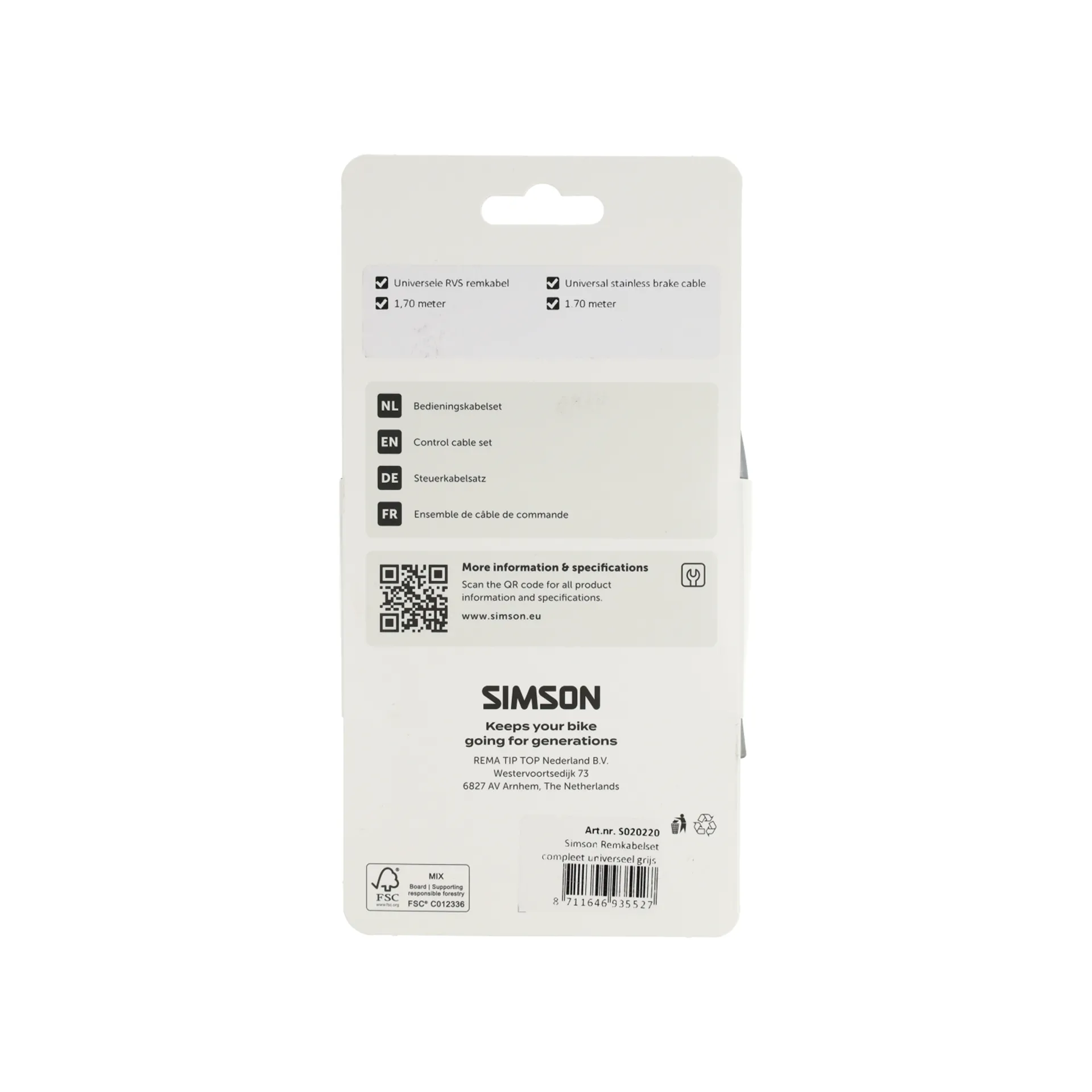 Simson Remkabelset Compleet - Universeel - RVS - 170CM - Grijs
