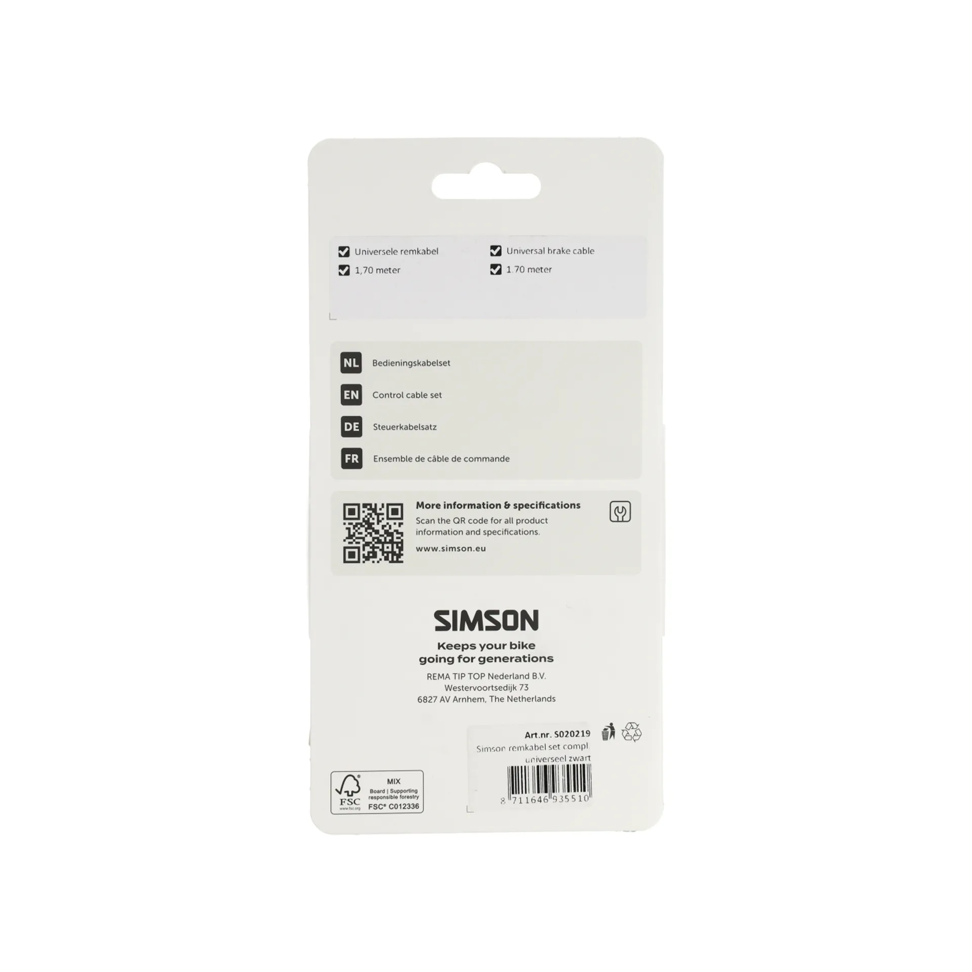Simson Remkabelset Compleet - Universeel - 170CM - Zwart