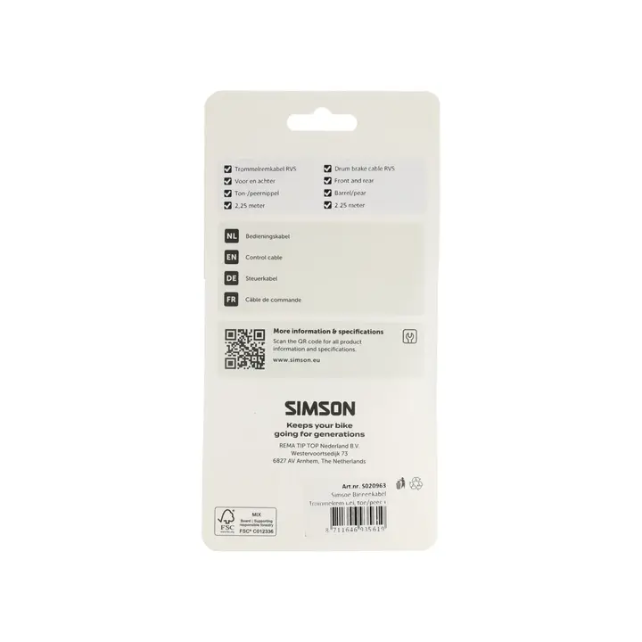 Simson  Trommelrem Binnenkabel - Universeel - 225CM - RVS