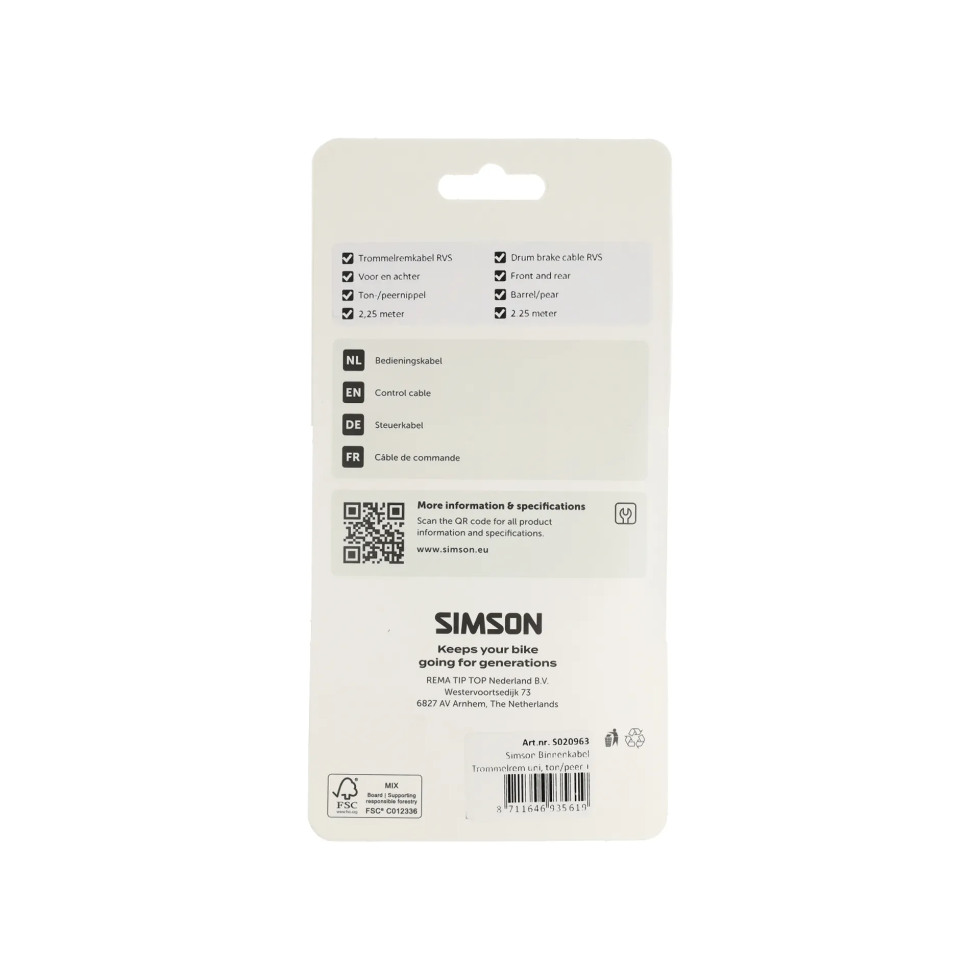 Simson  Trommelrem Binnenkabel - Universeel - 225CM - RVS