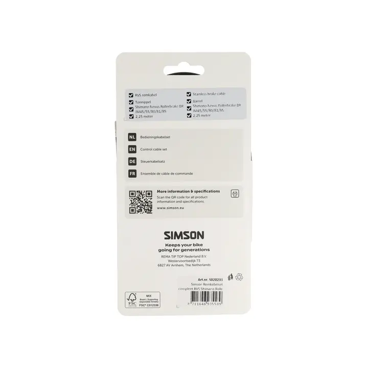 Simson Remkabelset Compleet - Shimano Rollerbrake - RVS - 225CM - Zwart