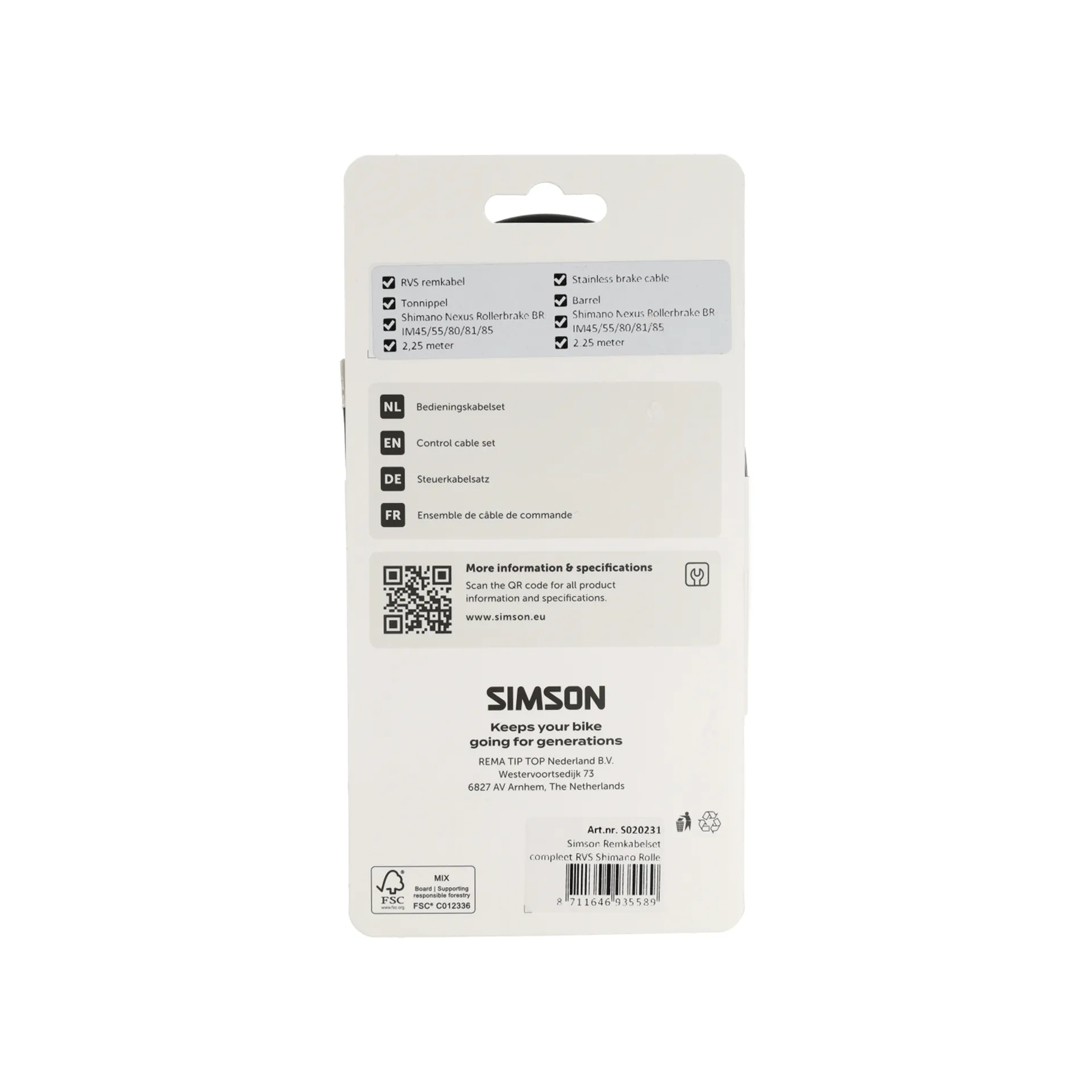 Simson Remkabelset Compleet - Shimano Rollerbrake - RVS - 225CM - Zwart