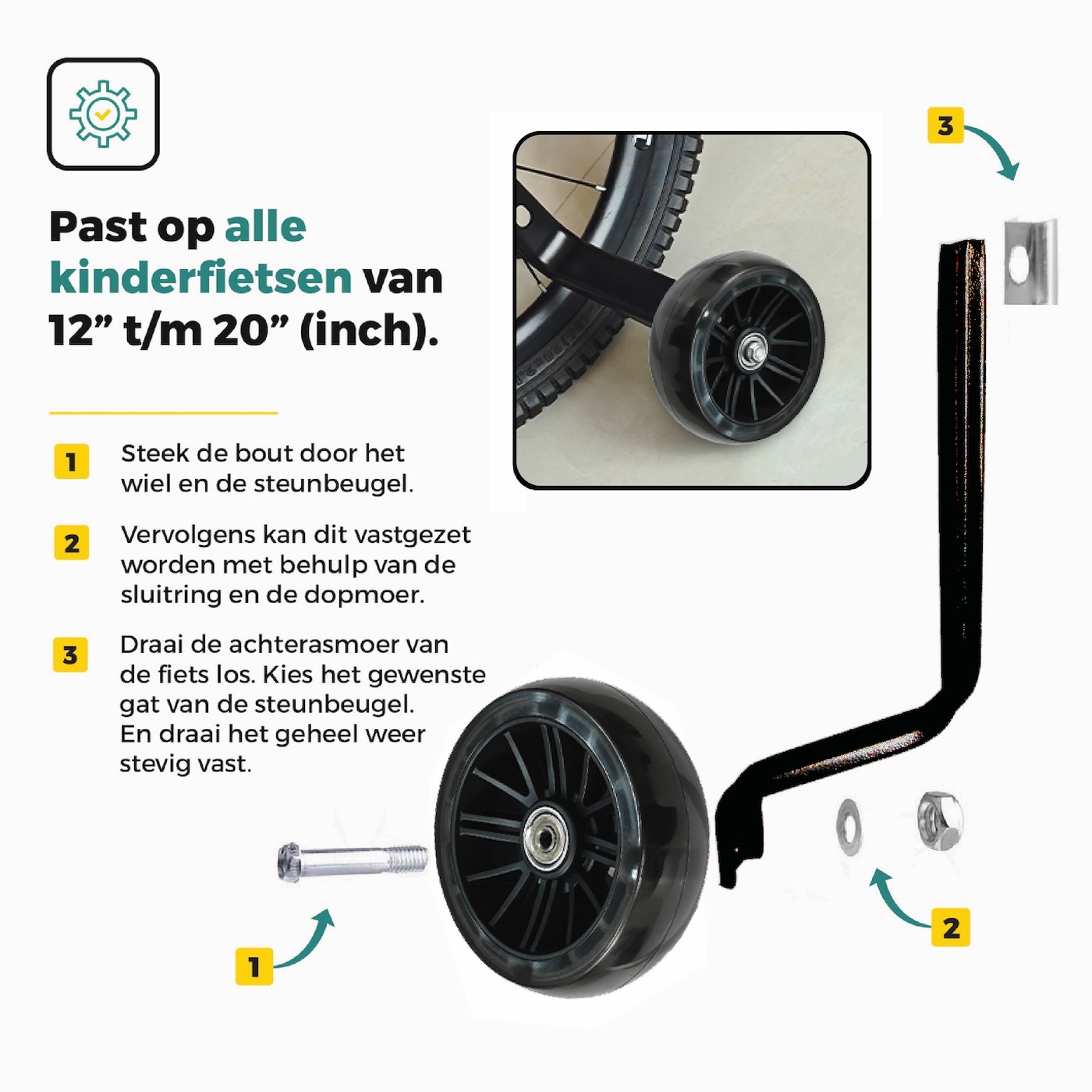 Voltano Zijwieltjes LED Verlichting Steady XL - Zwart - 12-20 Inch - Verstevigd Staal