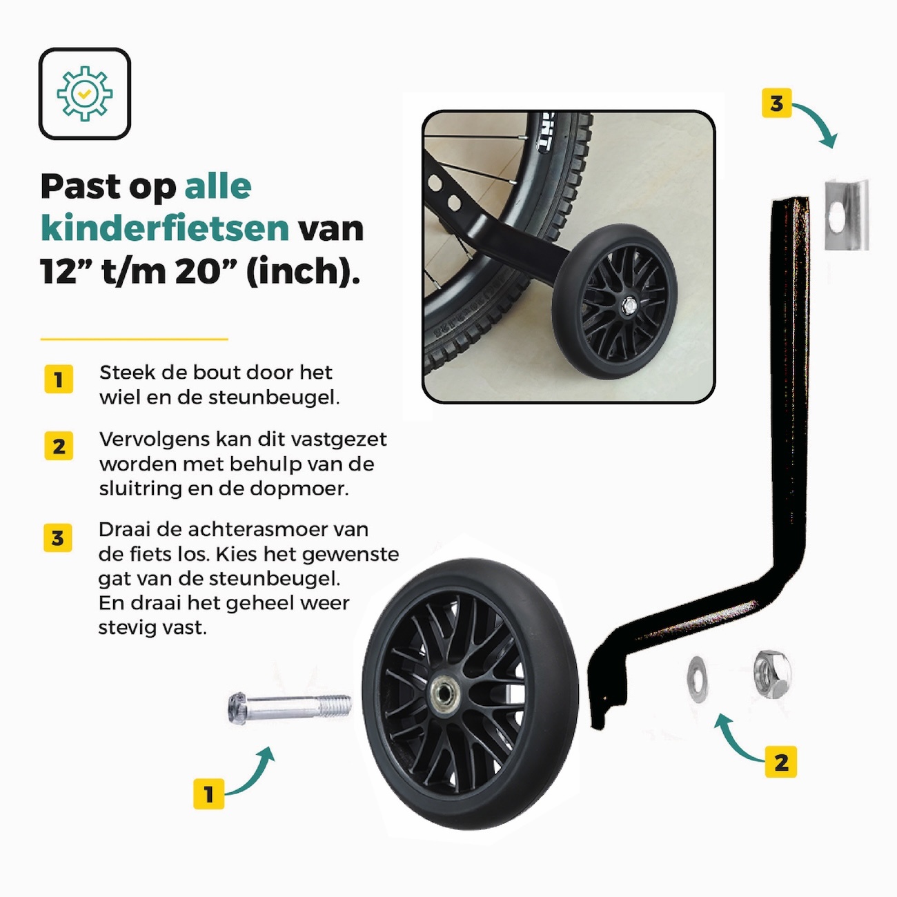 Voltano Zijwieltjes Strong - Zwart - 12-20 Inch - Verstevigd Staal