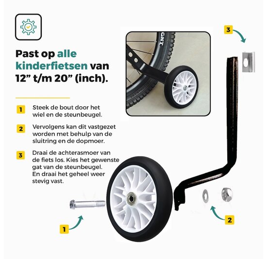 Voltano Zijwieltjes Strong - Wit - 12-20 Inch - Verstevigd Staal