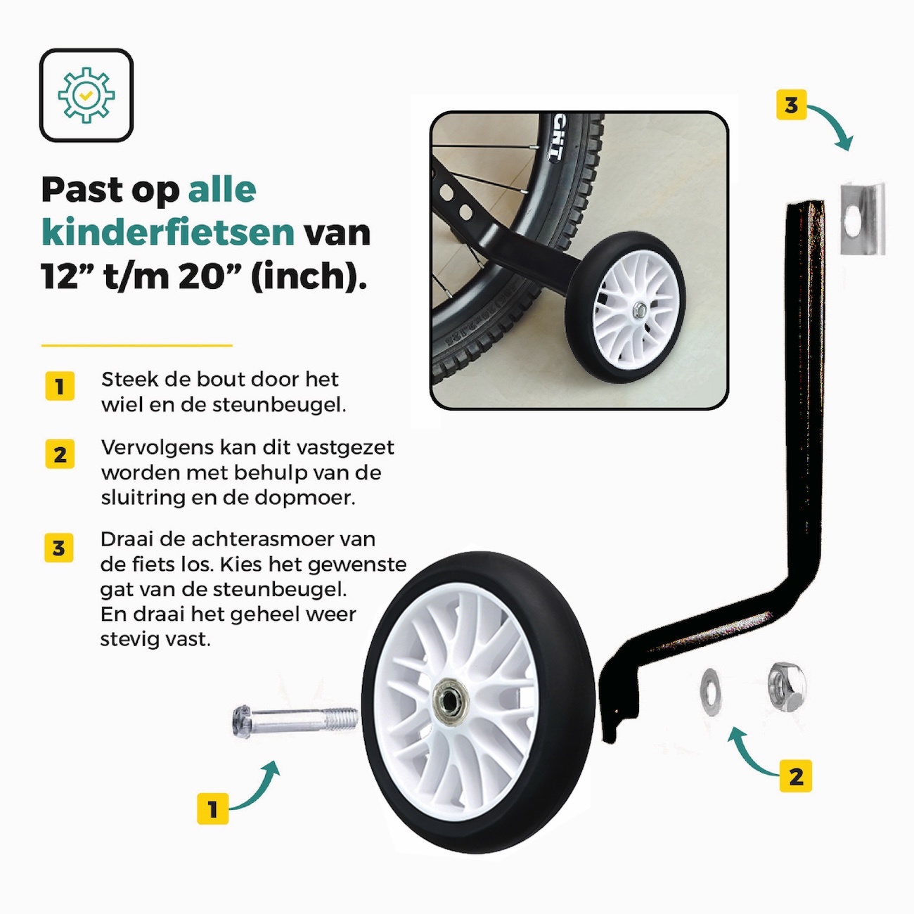 Voltano Zijwieltjes Strong - Wit - 12-20 Inch - Verstevigd Staal