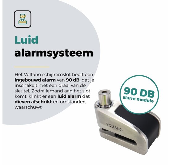 Voltano Schijfremslot met Alarm - ART 4 Slot - Remschijfslot - Zwart - Met Reminderkabel 150 CM
