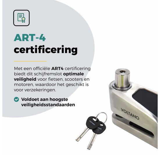 Voltano Schijfremslot met Alarm - ART 4 Slot - Remschijfslot - Zwart - Met Reminderkabel 150 CM