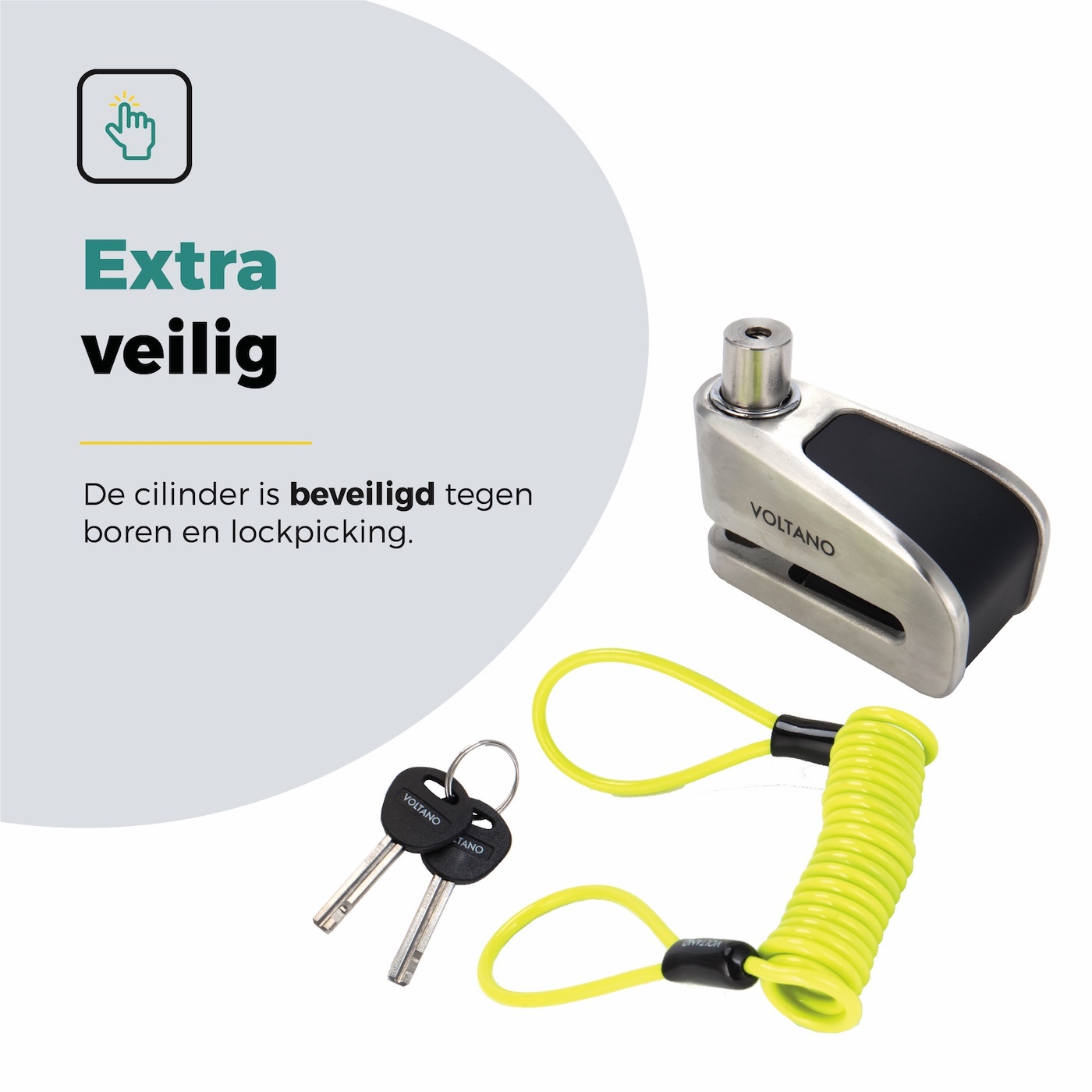 Voltano Schijfremslot met Alarm - ART 4 Slot - Remschijfslot - Zwart - Met Reminderkabel 150 CM