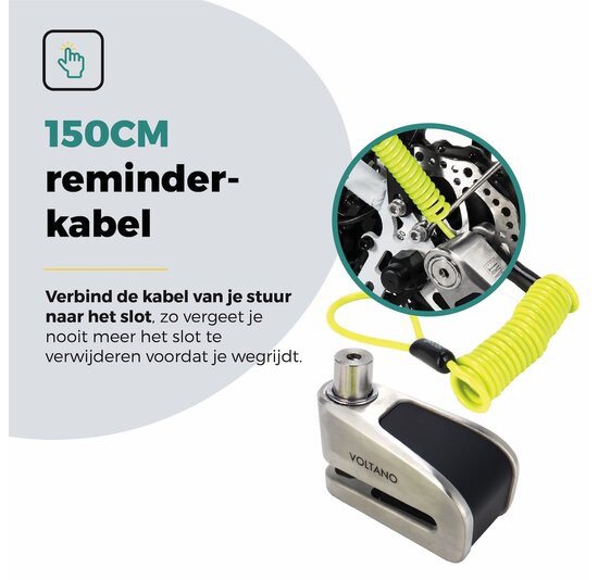Voltano Schijfremslot met Alarm - ART 4 Slot - Remschijfslot - Zwart - Met Reminderkabel 150 CM