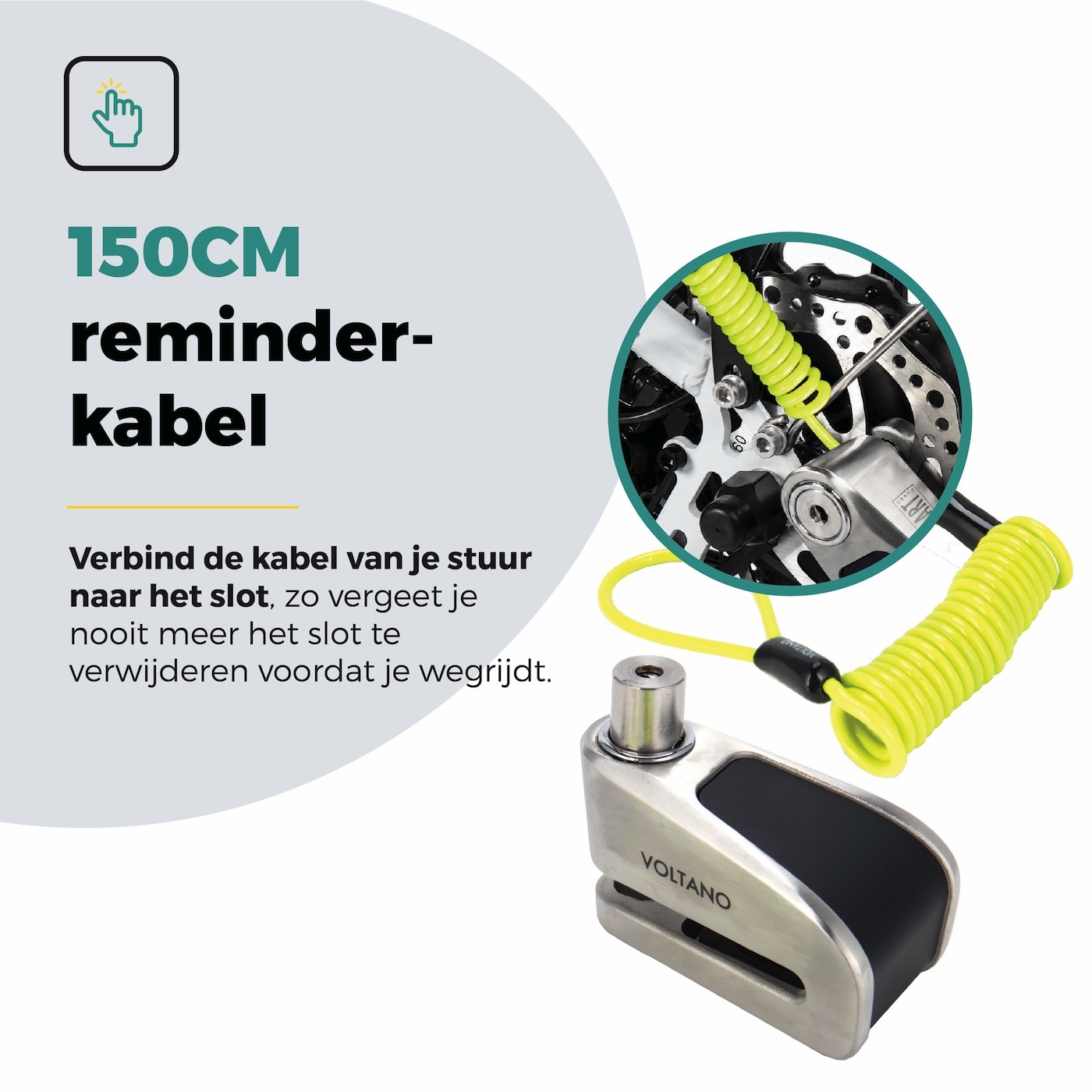 Voltano Schijfremslot met Alarm - ART 4 Slot - Remschijfslot - Zwart - Met Reminderkabel 150 CM