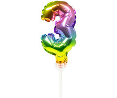 Cijfer 3 Folieballon Taart Topper | Regenboog