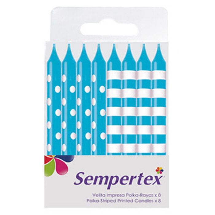 Kaarsjes Dots/Stripes Blauw 8 Stuks