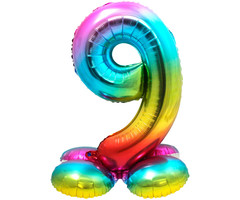 Folieballon Cijfer 9 | Met Standaard  | Regenboog