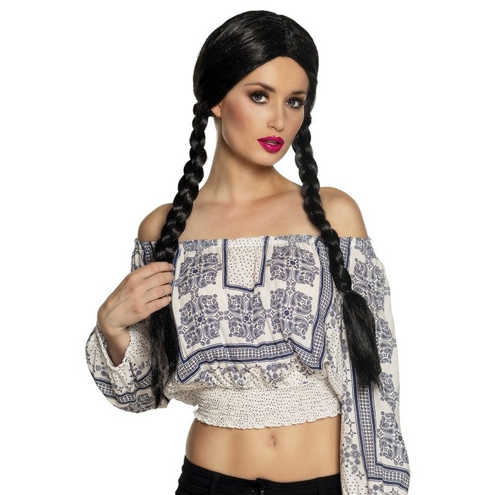 Pruik Zwart met vlechten