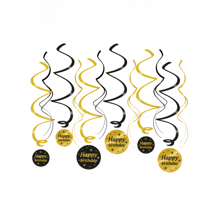 Happy Birthday Swirls / 12stuks Black & Gold