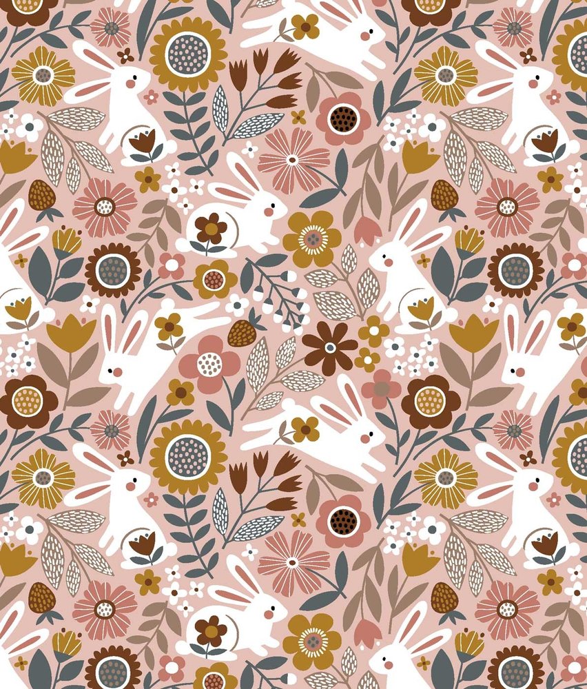 Children's wallpaper Bunny Blossom Fields, pink, washable Children's wallpaper Bunny Blossom Fields, pink, washable