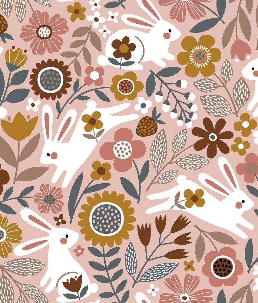 Kindertapete Bunny Blossom Fields, rosa, waschbar Kindertapete Bunny Blossom Fields, rosa, waschbar