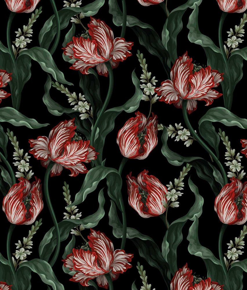 Bloemen behang Wild Scarlet Tulips, afwasbaar Bloemen behang Wild Scarlet Tulips, afwasbaar