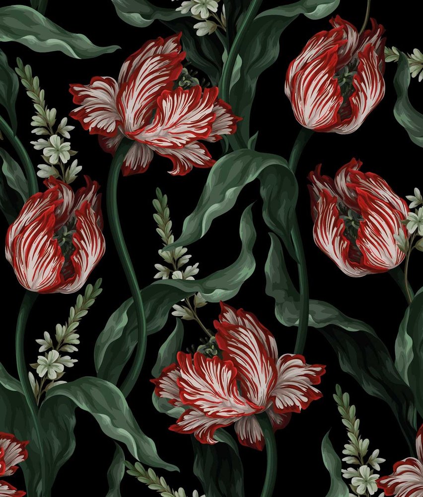 Bloemen behang Wild Scarlet Tulips, afwasbaar Bloemen behang Wild Scarlet Tulips, afwasbaar