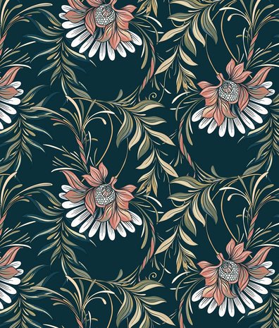 Retro behang Nouveau Floral Harmony, blauw, afwasbaar Retro behang Nouveau Floral Harmony, blauw, afwasbaar