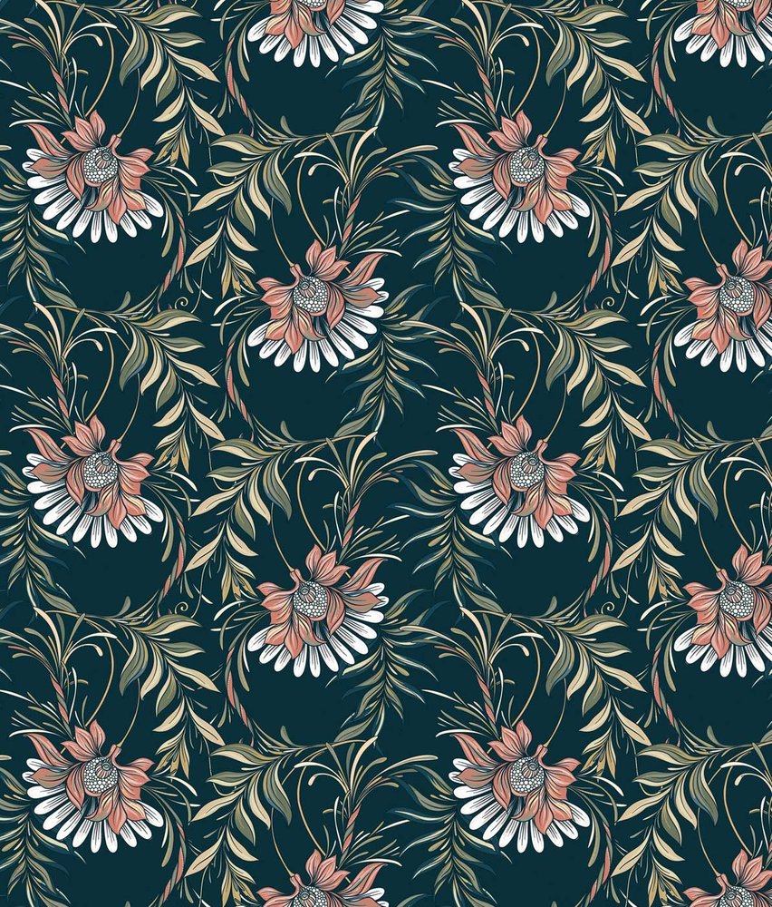 Retro behang Nouveau Floral Harmony, blauw, afwasbaar Retro behang Nouveau Floral Harmony, blauw, afwasbaar