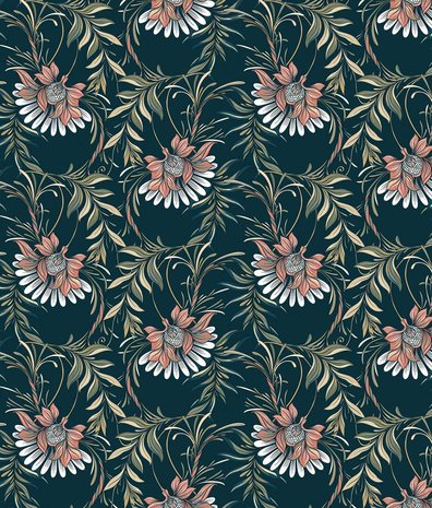 Retro behang Nouveau Floral Harmony, blauw, afwasbaar Retro behang Nouveau Floral Harmony, blauw, afwasbaar