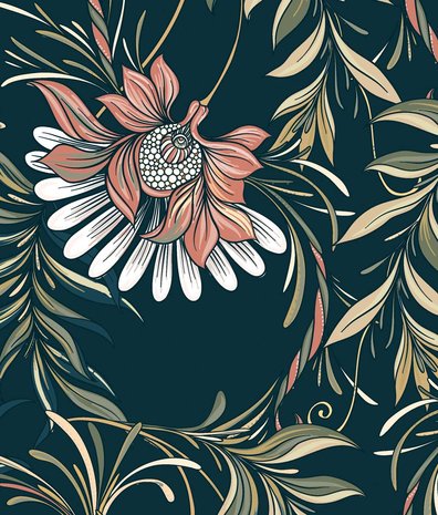 Retro behang Nouveau Floral Harmony, blauw, afwasbaar Retro behang Nouveau Floral Harmony, blauw, afwasbaar