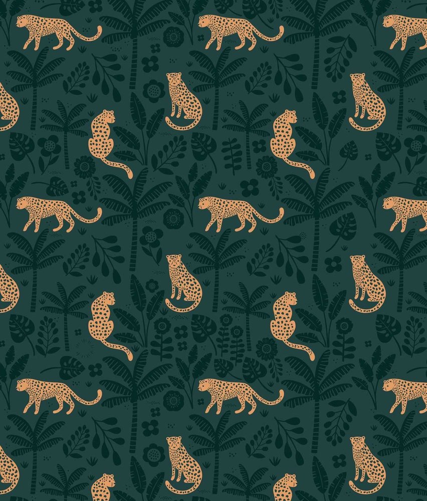 Kinderbehang Playful Leopard Cubs, groen, afwasbaar Kinderbehang Playful Leopard Cubs, groen, afwasbaar