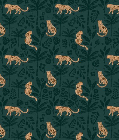 Kinderbehang Playful Leopard Cubs, groen, afwasbaar Kinderbehang Playful Leopard Cubs, groen, afwasbaar