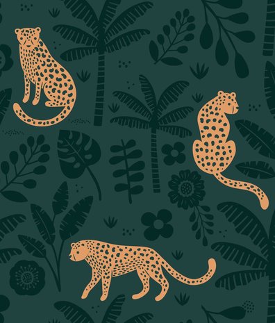 Kinderbehang Playful Leopard Cubs, groen, afwasbaar Kinderbehang Playful Leopard Cubs, groen, afwasbaar