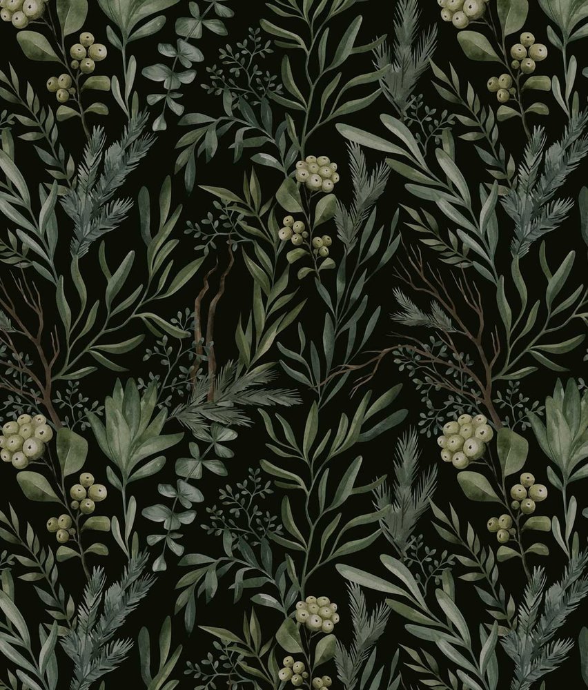 Blättertapete Midnight Olive Leaves, grün, waschbar Blättertapete Midnight Olive Leaves, grün, waschbar