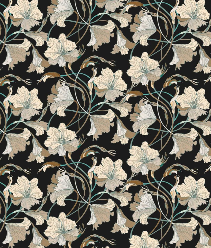 Bloemen behang Serene Blossom, zwart-wit, afwasbaar Bloemen behang Serene Blossom, zwart-wit, afwasbaar