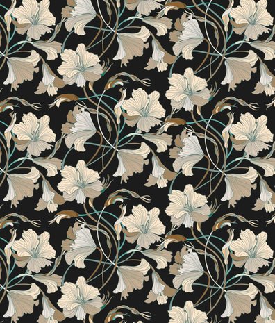 Bloemen behang Serene Blossom, zwart-wit, afwasbaar Bloemen behang Serene Blossom, zwart-wit, afwasbaar