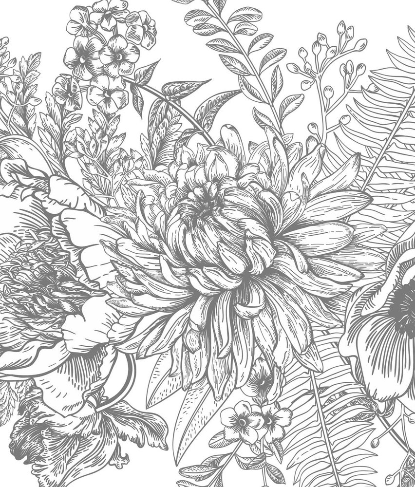 Blumentapete Vintage Blossom, schwarz-weiß, waschbar