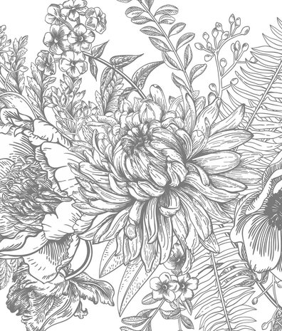 Blumentapete Vintage Blossom, schwarz-weiß, waschbar