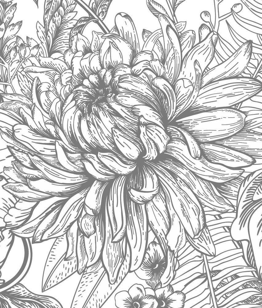 Blumentapete Vintage Blossom, schwarz-weiß, waschbar