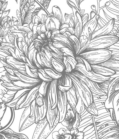 Blumentapete Vintage Blossom, schwarz-weiß, waschbar