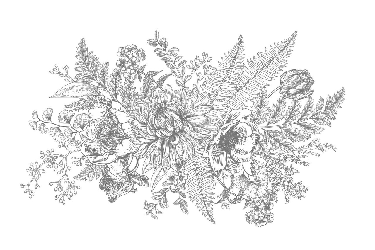 Bloemen behang Vintage Blossom, zwart-wit, afwasbaar Bloemen behang Vintage Blossom, zwart-wit, afwasbaar