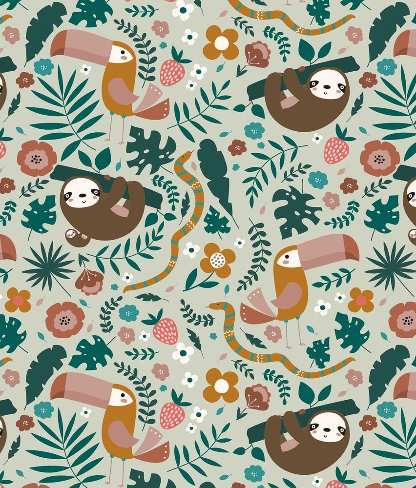 Kinderbehang dieren Cozy Sloth Haven, mintgroen, afwasbaar