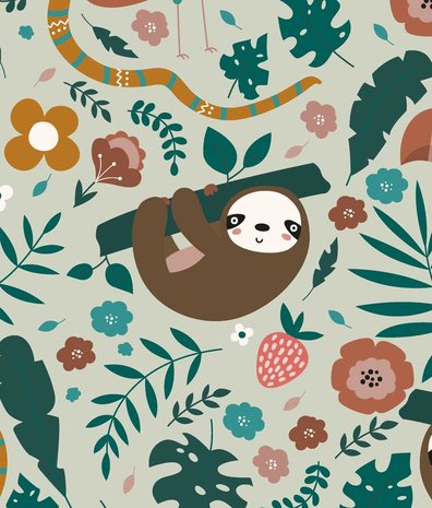 Kinderbehang dieren Cozy Sloth Haven, mintgroen, afwasbaar