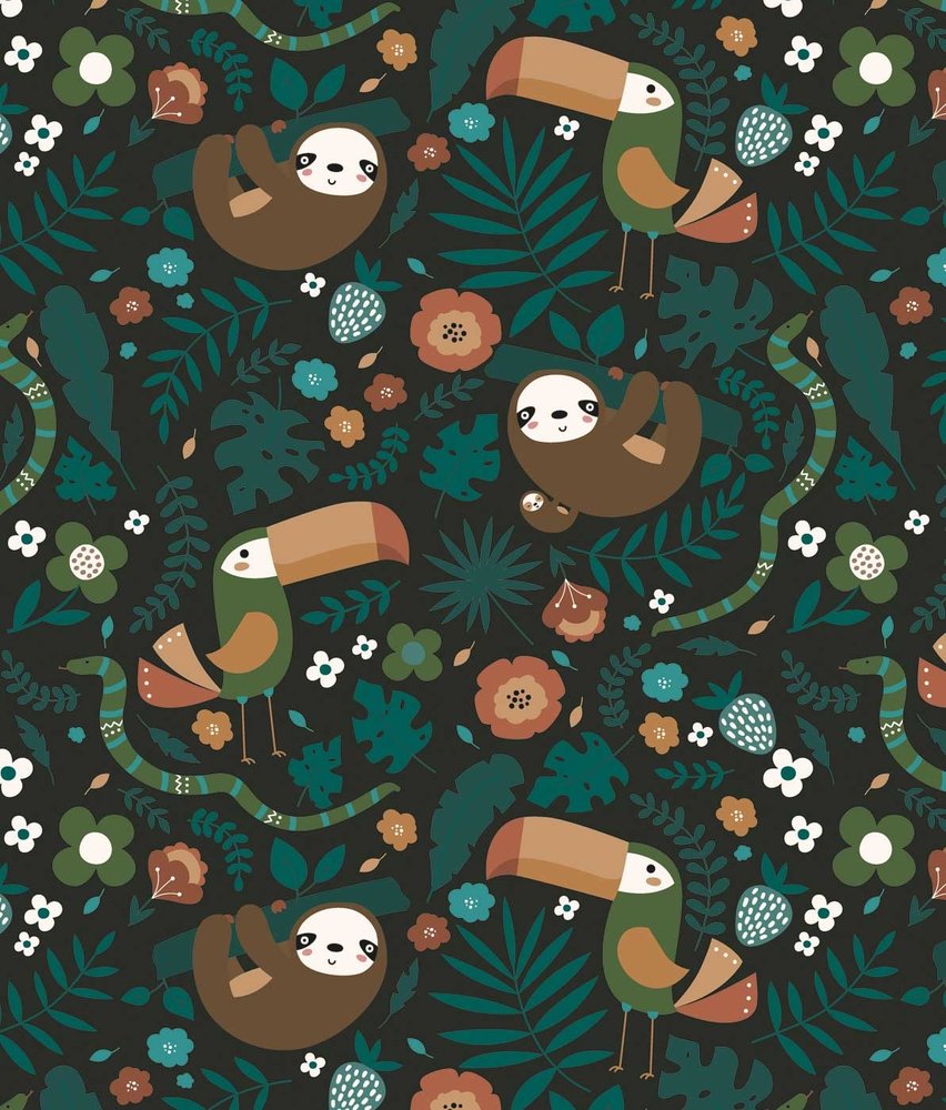 Kindertapete Tiere Cozy Sloth Haven, grün, waschbar Kindertapete Tiere Cozy Sloth Haven, grün, waschbar