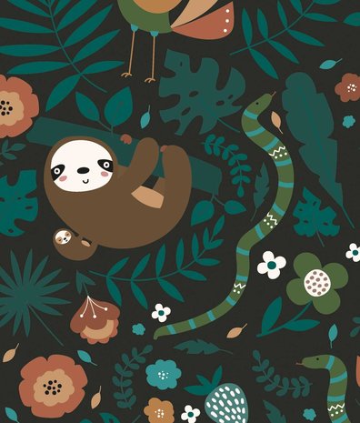 Kinderbehang dieren Cozy Sloth Haven, groen, afwasbaar