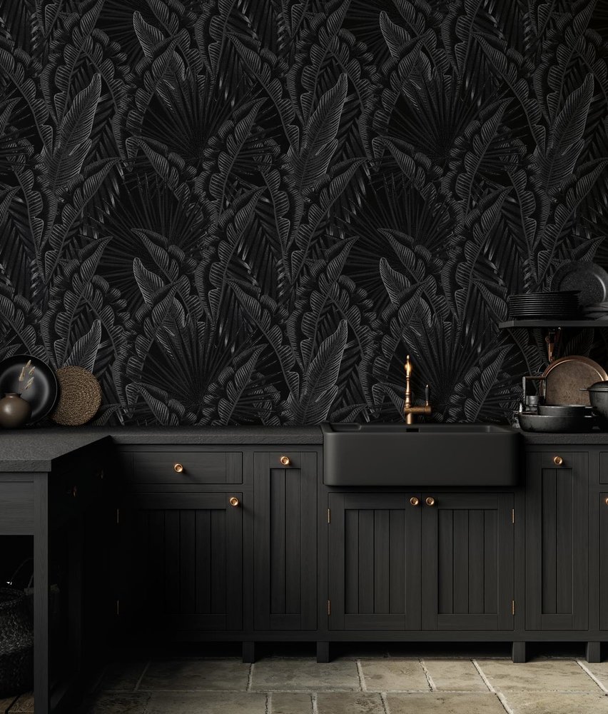 Blättertapete Palm Whispers, schwarz, waschbar Blättertapete Palm Whispers, schwarz, waschbar