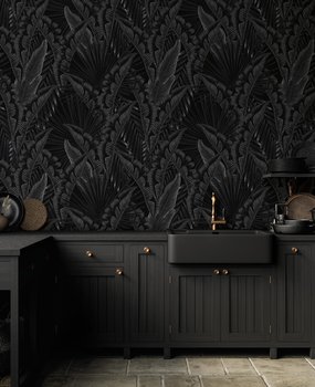 Bladeren behang Palm Whispers, zwart, afwasbaar Bladeren behang Palm Whispers, zwart, afwasbaar