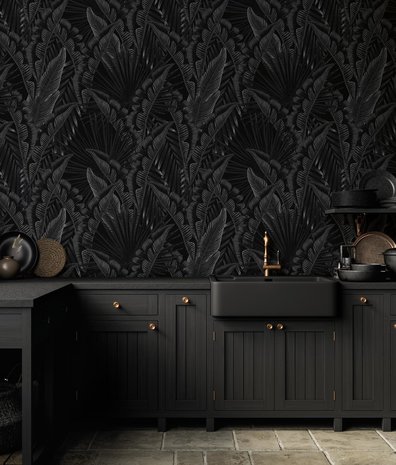 Blättertapete Palm Whispers, schwarz, waschbar Blättertapete Palm Whispers, schwarz, waschbar