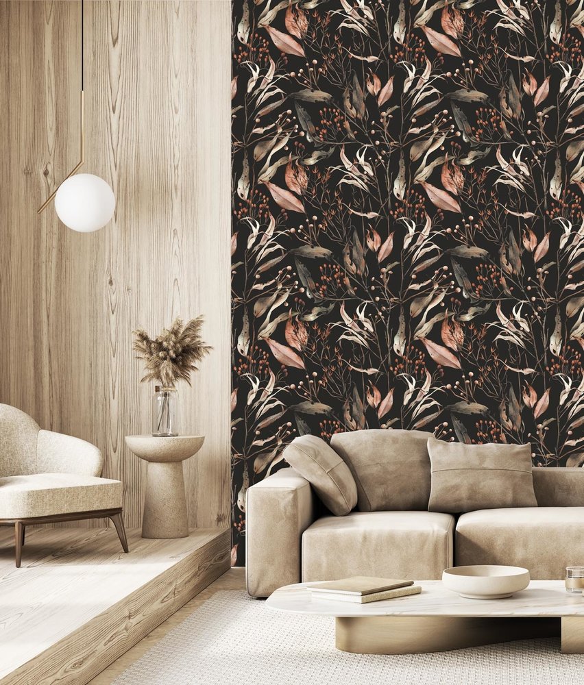 Bloemen behang Wildflower Bliss, zwart, afwasbaar Bloemen behang Wildflower Bliss, zwart, afwasbaar