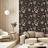 Bloemen behang Wildflower Bliss, zwart, afwasbaar Bloemen behang Wildflower Bliss, zwart, afwasbaar