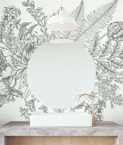 Bloemen behang Vintage Blossom, zwart-wit, afwasbaar Bloemen behang Vintage Blossom, zwart-wit, afwasbaar