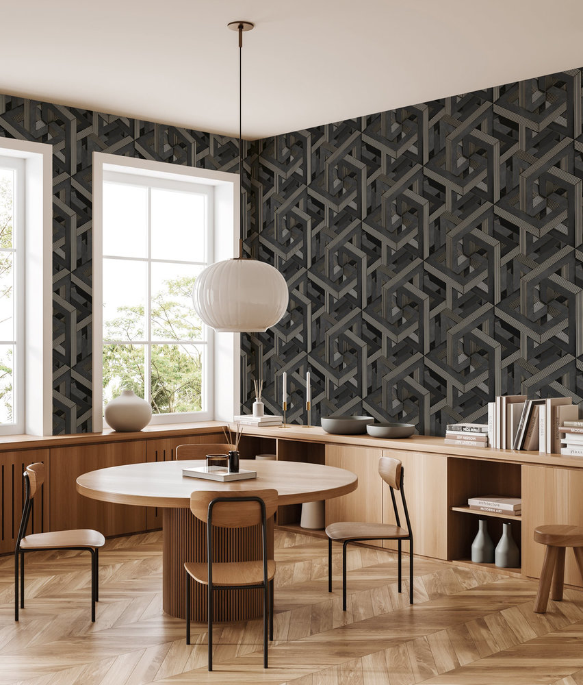 Geometrische Tapete Midnight Labyrinth, grau, waschbar Geometrische Tapete Midnight Labyrinth, grau, waschbar